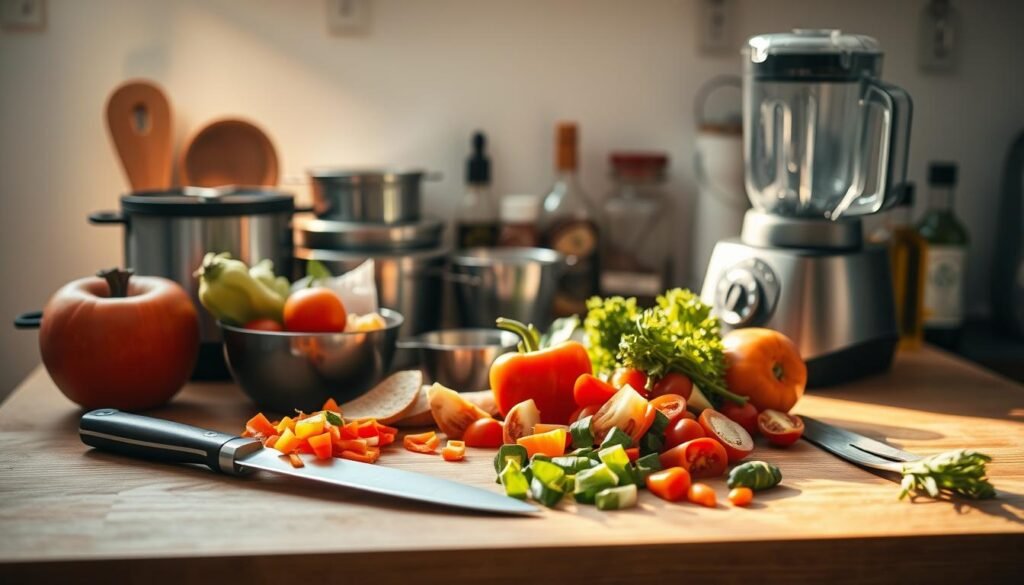 A neatly arranged assortment of meal prep essentials on a wooden kitchen counter, bathed in warm, natural light. In the foreground, a set of colorful, freshly chopped vegetables, a sharp chef's knife, and a sturdy cutting board. In the middle ground, various stainless steel containers, measuring cups, and a high-quality blender stand ready for action. In the background, a few carefully selected spices, herbs, and a bottle of olive oil complete the scene, creating a sense of organized efficiency. The overall mood is one of simplicity, function, and the joy of culinary preparation, all within a cozy, minimal kitchen with light blue accents.