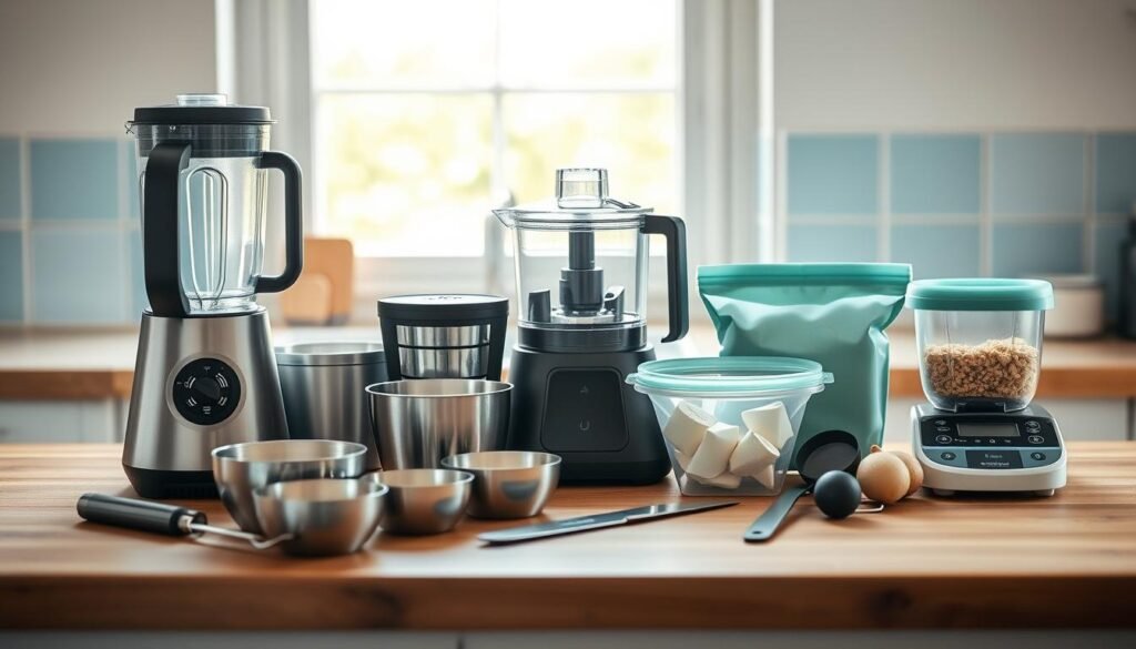 A neatly arranged assortment of modern, time-saving meal prep tools sit upon a wooden kitchen counter. A sleek, high-powered blender, compact food processor, and precision knife set are illuminated by soft, natural lighting filtering through a large window. Stainless steel measuring cups and spoons, reusable silicone storage bags, and a digital kitchen scale convey an organized, minimalist aesthetic, complemented by light blue accents in the background. The overall scene evokes a sense of efficiency and thoughtfulness in preparing healthy, high-protein Paleo meals without reliance on processed ingredients.