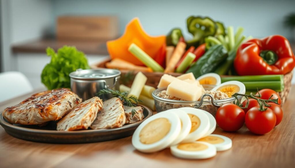 A neatly arranged assortment of protein-rich ingredients for a nutritious cold lunch, presented on a wooden table in a minimalist kitchen setting. In the foreground, juicy roasted chicken breast, canned tuna, hard-boiled eggs, and sliced cheese glistening under soft, natural lighting. The middle ground features a variety of fresh vegetables like cherry tomatoes, crunchy celery sticks, and vibrant bell pepper slices, complemented by a few sprigs of greenery. The background boasts a clean, light blue accent wall, adding a calming atmosphere to the overall scene.