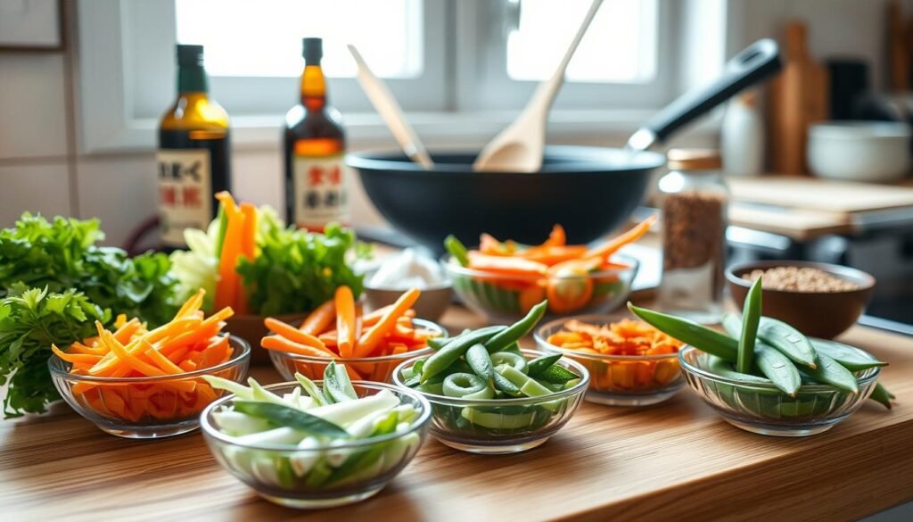 A neatly arranged assortment of stir fry ingredients and essential cooking tools rests on a wooden kitchen counter, bathed in soft, natural light filtering through a nearby window. In the foreground, a medley of fresh vegetables - julienned carrots, sliced bell peppers, chopped scallions, and crisp snow peas - are gathered in separate small bowls. Slightly behind, a wok, a wooden spoon, and a sharp chef's knife sit alongside a bottle of soy sauce, a jar of minced garlic, and a small dish of toasted sesame seeds. The overall scene conveys a sense of culinary preparedness and the promise of a delicious, expertly crafted stir-fry dish.