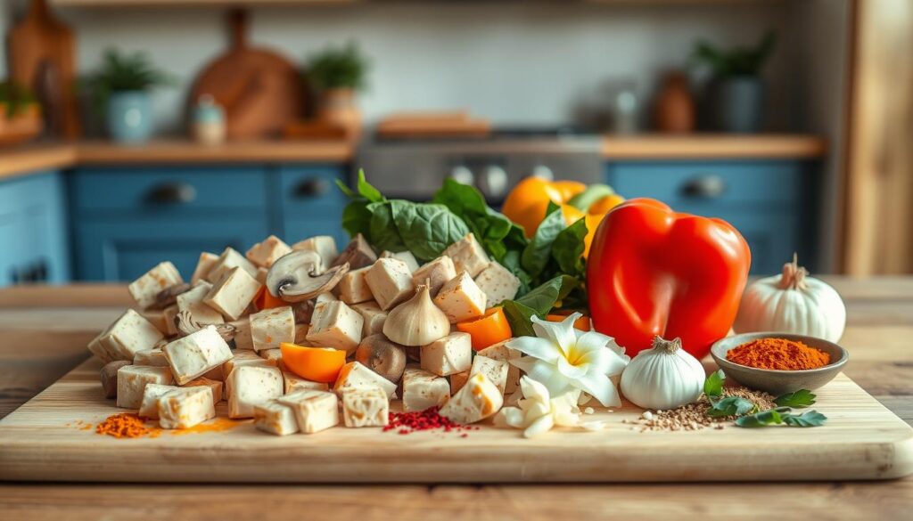A neatly arranged assortment of vegan scramble ingredients on a light wooden cutting board, including firm tofu, mushrooms, bell peppers, onions, spinach, garlic, and a variety of spices such as turmeric, paprika, and black pepper, set against a backdrop of a cozy, minimal kitchen with blue-toned accents, soft natural lighting, and wooden textures, creating a warm and inviting atmosphere for a delicious plant-based breakfast.
