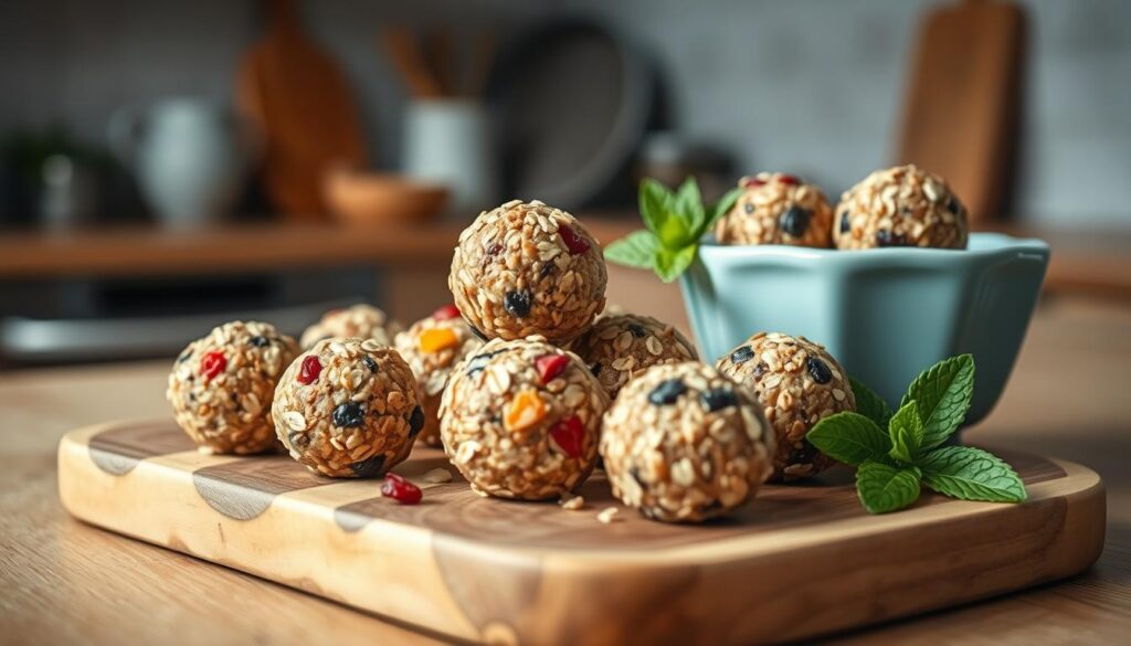 A neatly arranged collection of colorful energy bites against a backdrop of a cozy, minimalist kitchen. The bites are positioned on a rustic wooden board, with a light blue ceramic bowl and a sprig of fresh mint nearby. Soft, diffused lighting illuminates the scene, creating a warm and inviting atmosphere. The bites themselves are visually appealing, showcasing a variety of textures and hues, from the glistening oats to the vibrant dried fruit. The overall composition emphasizes the homemade, healthy nature of the energy bites, inviting the viewer to imagine the tips and tricks that went into their creation.