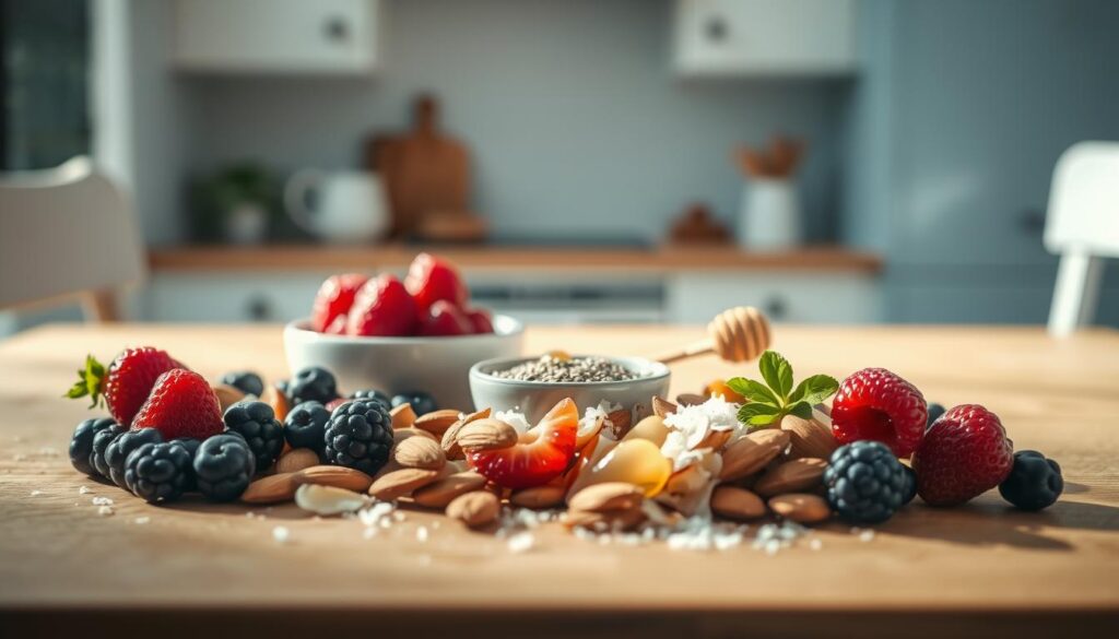 A neatly arranged collection of diabetes-friendly toppings on a wooden table, bathed in soft, natural lighting. In the foreground, an assortment of fresh berries, sliced almonds, and a sprinkle of shredded coconut. In the middle, a small bowl of chia seeds and a drizzle of honey. The background features a simple, minimalist kitchen setting with light blue accents, evoking a sense of calm and wellness.