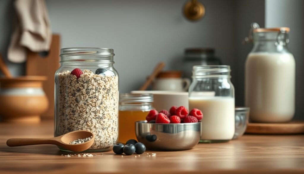 A neatly arranged collection of essential overnight oats recipe ingredients on a wooden kitchen counter, bathed in soft, diffused lighting. In the foreground, a glass jar filled with rolled oats, chia seeds, and a wooden spoon. Alongside, a small bowl of fresh berries, a glass jar of honey, and a stainless steel measuring cup. In the middle ground, a ceramic bowl and a mason jar, both filled with creamy milk. In the background, a stack of mason jars and a minimalist kitchen towel hanging on a brass hook, creating a sense of order and simplicity. The overall mood is warm, inviting, and conducive to meal planning for a wholesome, nutritious breakfast.