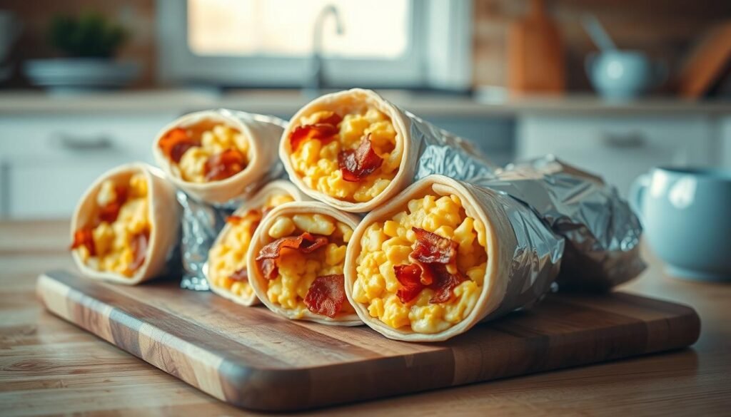 A neatly arranged collection of freshly made, piping hot breakfast burritos resting on a wooden cutting board. The burritos are wrapped in foil, their golden-brown tortillas peeking out, adorned with savory fillings of fluffy scrambled eggs, crispy bacon, and melted cheese. The ambient lighting casts a warm, soft glow, creating a cozy and inviting atmosphere in the minimal kitchen setting, where wooden textures and light blue accents complement the scene. The burritos exude a sense of convenience and readiness, perfectly capturing the essence of a make-ahead, freezer-friendly breakfast solution for busy mornings.