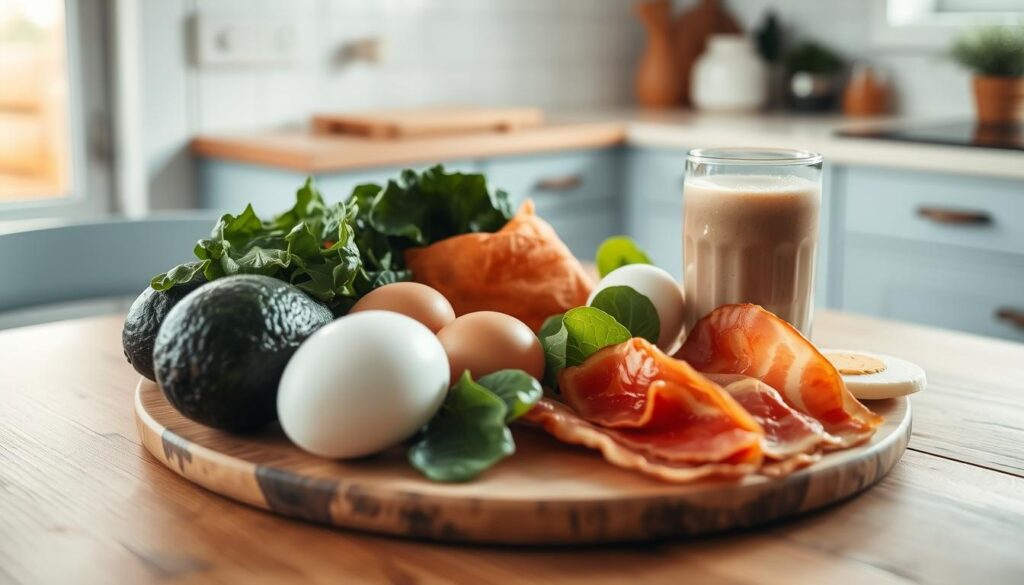 A neatly arranged collection of protein-rich breakfast ingredients on a wooden table in a cozy kitchen setting. Ripe avocados, free-range eggs, fresh spinach, crisp bacon, and a glass of protein-packed smoothie bathed in soft, natural lighting. The minimal, light blue-accented décor creates a calm, inviting atmosphere, perfect for an energizing, muscle-building morning meal.