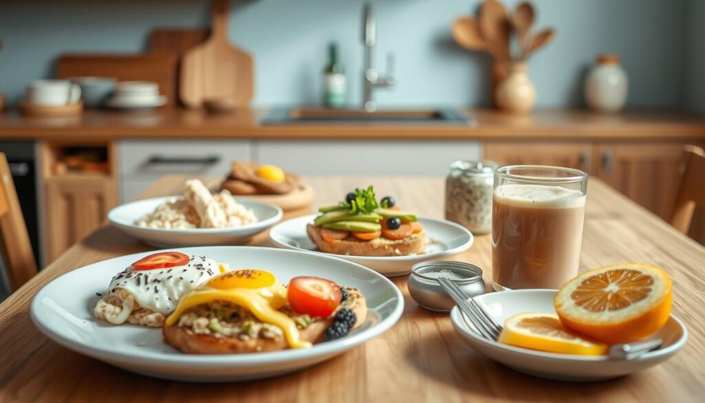 A neatly arranged collection of quick and easy breakfast dishes on a wooden table with a light blue background. Delicious-looking items like scrambled eggs, avocado toast, overnight oats, and a fresh fruit smoothie are elegantly presented, all under 300 calories per serving. The scene is illuminated by soft, natural lighting, creating a warm and inviting atmosphere in the cozy, minimalist kitchen setting with wooden textures and accents.