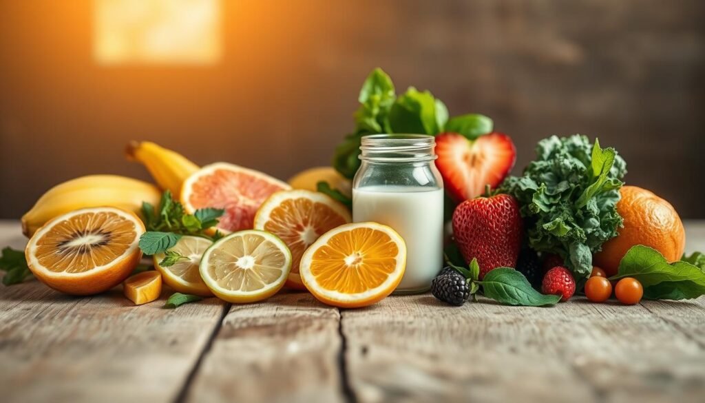 A neatly arranged composition of fresh smoothie ingredients on a rustic wooden surface. Vibrant sliced fruits, leafy greens, and a glass jar filled with yogurt or milk take center stage, capturing the essence of a wholesome breakfast prep. Warm natural lighting filters in, casting a soft, inviting glow and highlighting the vibrant colors. The scene exudes a sense of simplicity and mindfulness, perfectly setting the stage for an article on nutritious morning smoothie prep.
