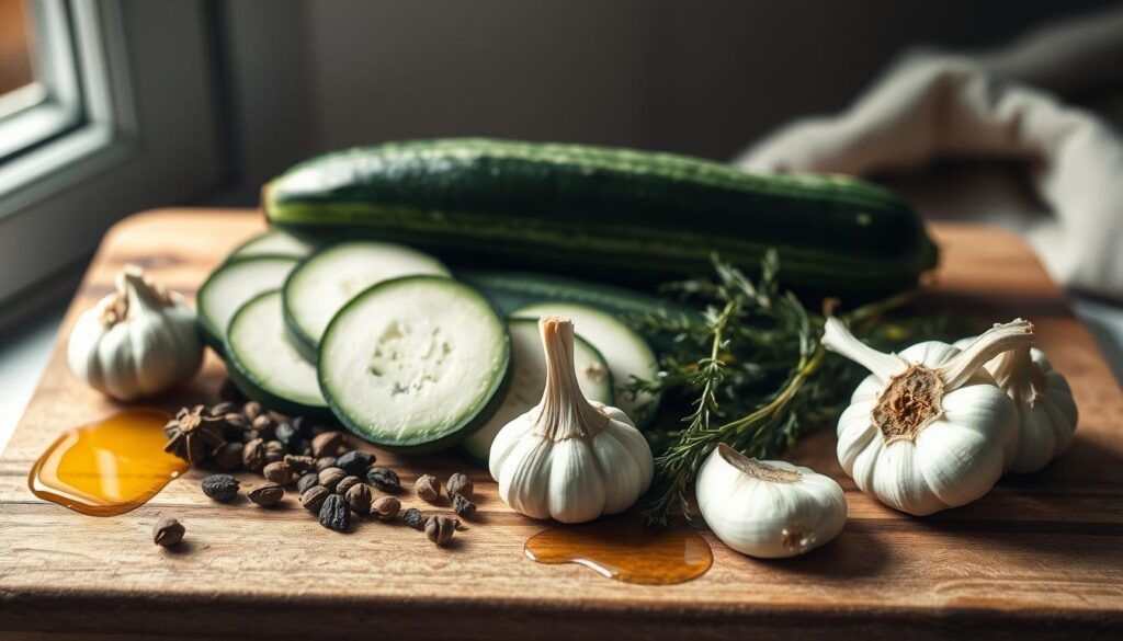 A neatly arranged composition of zucchini slices, garlic cloves, peppercorns, dried herbs, and a drizzle of olive oil on a wooden cutting board. Soft, diffused lighting from a window illuminates the scene, casting subtle shadows and highlighting the natural textures. The mood is calm and inviting, perfectly suited for a section on sauces, dressings, and spices in a "Meal Prep For Work Five Ingredients Or Less Recipes" article.