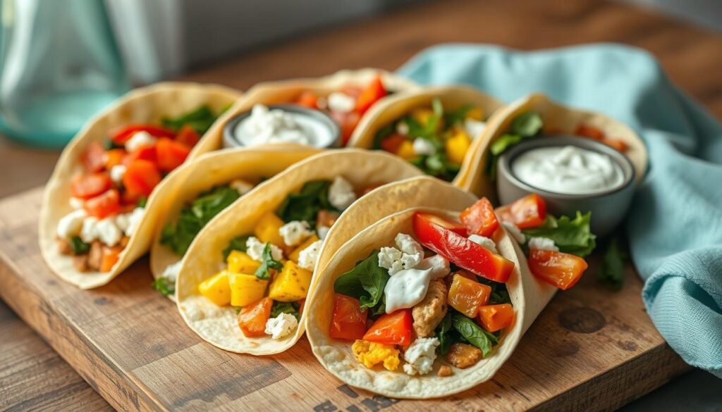A neatly arranged display of customizable breakfast wraps, showcasing a variety of fillings and toppings. Crisp tortilla wraps in the foreground, with an assortment of ingredients such as scrambled eggs, crumbled feta, sautéed spinach, roasted red peppers, and a drizzle of tzatziki sauce. Soft, natural lighting illuminates the scene, highlighting the vibrant colors and textures. The setup is placed on a wooden surface, with light blue accents complementing the Mediterranean-inspired palette. The overall atmosphere is one of simplicity, inviting the viewer to envision the endless flavor combinations possible for a personalized breakfast experience.