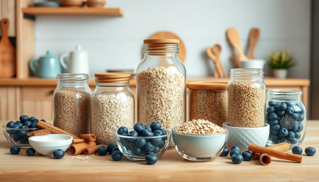 A neatly arranged display of diabetic-friendly ingredients against a backdrop of a cozy, minimalist kitchen. Wooden textures and light blue accents create a soothing ambiance. Various superfoods, such as steel-cut oats, chia seeds, blueberries, and cinnamon, are showcased in elegant glass jars and bowls, highlighting their natural colors and textures. The layout is visually appealing, with carefully placed items that convey a sense of balance and harmony. Soft, diffused lighting illuminates the scene, casting gentle shadows and emphasizing the natural hues of the ingredients. The overall impression is one of simplicity, health, and diabetic-friendly culinary delights.
