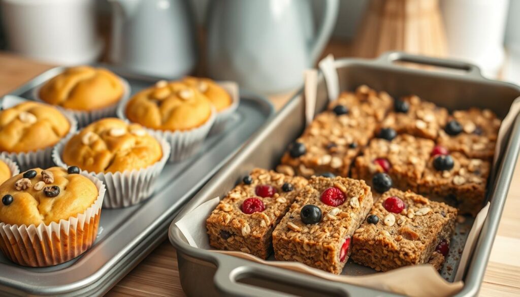 A neatly arranged display of freezer-friendly baked breakfasts - a tray of fluffy, golden-brown muffins, each with a unique topping, and a baking dish filled with hearty, oat-based bars, drizzled with honey and dotted with fresh berries. The scene is set in a cozy, minimalist kitchen, with warm wooden textures and light blue accents that create a calming, inviting atmosphere. Soft, natural lighting highlights the mouthwatering details of these homemade, grab-and-go breakfast treats, ready to fuel busy mornings.