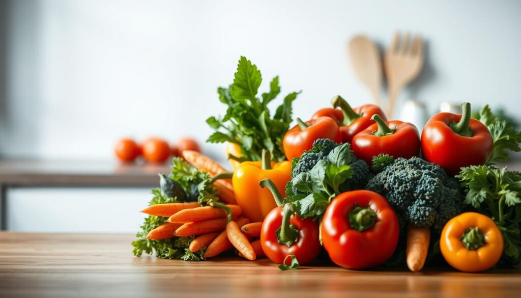 A neatly arranged display of fresh, vibrant vegetables on a wooden kitchen counter, bathed in soft, natural lighting. In the foreground, an assortment of crunchy carrots, crisp bell peppers, and leafy kale and spinach leaves, all standing in perfect balance. In the middle ground, a few juicy tomatoes and a handful of nutritious broccoli florets, complementing the array. The background features a minimal, light blue-accented wall, creating a calming, serene atmosphere. The composition highlights the diverse, color-rich combination of vegetables, emphasizing the concept of a balanced, wholesome diet.
