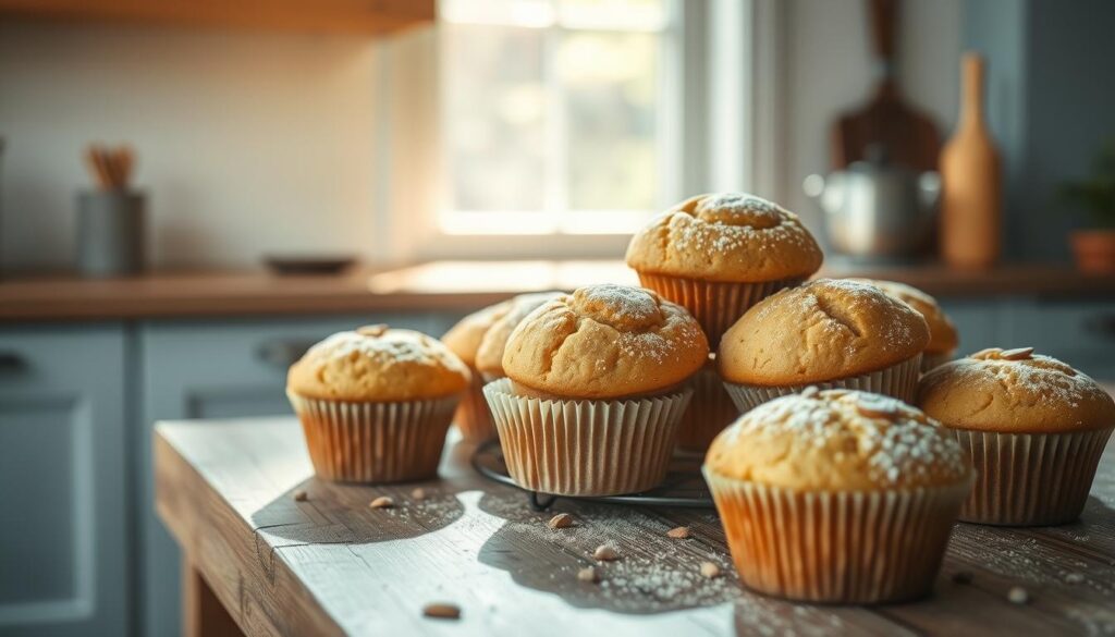 A neatly arranged display of golden-brown almond flour muffins, their tops lightly dusted with powdered sugar, sits on a rustic wooden table. The muffins are presented in an inviting manner, showcasing their soft, fluffy texture and tempting aroma. Sunlight streams in through a nearby window, casting a warm glow on the scene and highlighting the muffins' appealing, freshly baked appearance. The minimalist kitchen setting, with its light blue accents and natural wood tones, creates a cozy, homey ambiance, emphasizing the wholesome, nutritious nature of these protein-packed breakfast treats.