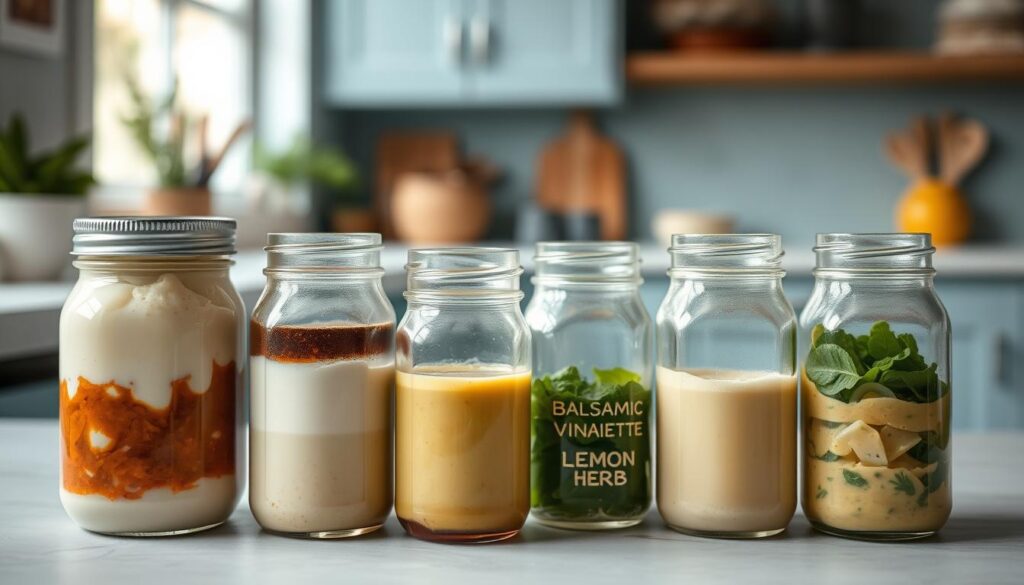 A neatly arranged display of homemade salad dressings in small glass jars, showcasing various flavors like creamy ranch, tangy balsamic vinaiette, and vibrant lemon herb. The jars are set against a backdrop of a cozy, minimalist kitchen with light blue accents and warm wooden textures, creating a calming and inviting atmosphere. The lighting is soft and diffused, highlighting the natural colors and textures of the dressings. The overall composition emphasizes the simplicity and DIY nature of crafting your own flavorful salad accompaniments.