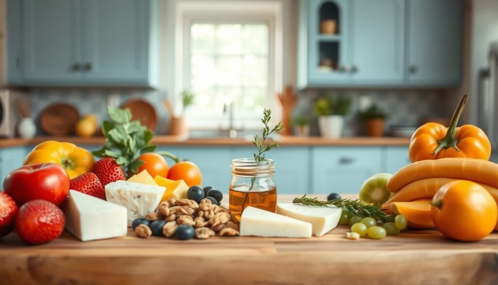 A neatly arranged display of quick and healthy snack pairings on a wooden cutting board. In the foreground, an assortment of colorful fruits, vegetables, cheeses, and nuts are elegantly positioned. A small glass jar of honey and a sprig of fresh herbs add subtle pops of color. The middle ground features a simple, minimalist kitchen backdrop with light blue cabinets and natural light flooding in from a nearby window. The overall mood is calm, inviting, and visually appealing, highlighting the ease and convenience of these nutritious snack ideas.