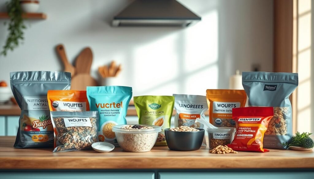 A neatly arranged display of various no-cook backpacking meals on a wooden kitchen counter, with light blue accents. The scene showcases a variety of nutrient-dense, shelf-stable options such as dehydrated vegetables, instant oatmeal, trail mix, and protein-rich snacks. Soft, natural lighting illuminates the scene, creating a cozy and inviting atmosphere. The overall composition emphasizes the simplicity and practicality of these no-heat lunchbox meals, perfect for outdoor adventures.
