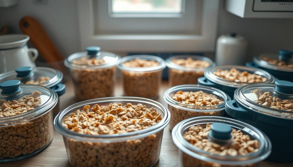 A neatly arranged kitchen counter displays various storage containers filled with freshly baked oatmeal, ready to be reheated for a comforting breakfast. The warm, golden-brown oatmeal is visible through the transparent lids, tempting the viewer. Soft, diffused lighting from a window highlights the natural textures of the wooden surface and the contrasting blue-accented ceramic containers. The scene evokes a sense of simplicity, organization, and the promise of a delicious, warming meal.