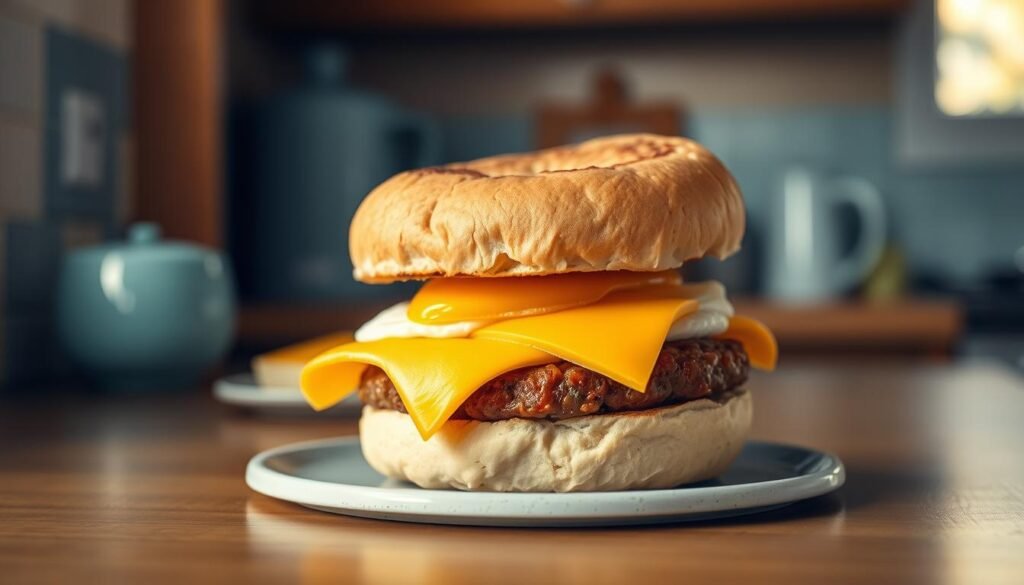 A neatly arranged kitchen counter showcases the components of a freezer breakfast sandwich: a golden, toasted English muffin, a perfectly cooked egg patty, melted cheddar cheese, and a savory sausage patty. Warm, soft lighting illuminates the scene, casting a cozy glow on the wooden textures and light blue accents of the minimal, well-organized kitchen. The arrangement is precise and intentional, hinting at the efficiency and practicality of meal prepping these freezer-friendly breakfast sandwiches.