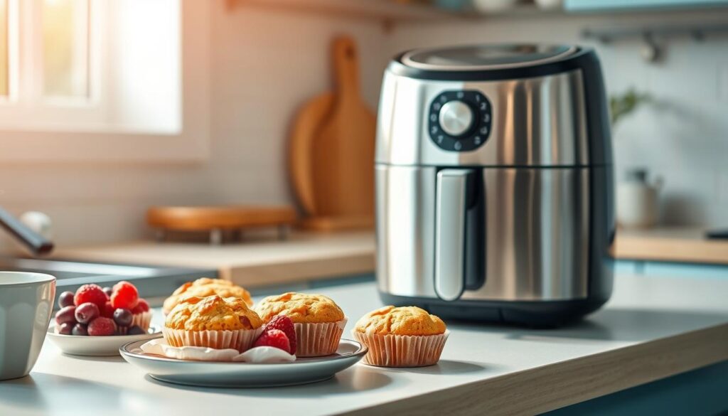 A neatly arranged kitchen counter with a sleek, stainless steel air fryer taking center stage. Freshly baked protein-packed breakfast muffins, their golden tops glistening, sit alongside a plate of vibrant berries. The soft, natural lighting casts a warm glow, accentuating the wooden textures and light blue accents that create a cozy, inviting atmosphere. Captured from a slightly elevated angle, the image conveys the speed and ease of preparing a nutritious, on-the-go breakfast using the versatile air fryer.