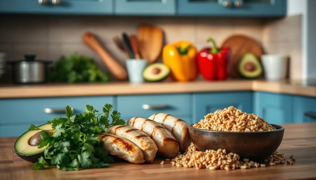 A neatly arranged kitchen counter with fresh ingredients for a balanced Mexican meal prep: tender grilled chicken breasts, aromatic cilantro, vibrant red and green bell peppers, ripe avocado halves, and a side of hearty brown rice. The muted natural lighting casts a warm, inviting glow, while the blue-accented cabinets and wooden surfaces create a cozy, minimalist ambiance. The composition is visually striking, showcasing the vibrant colors and textures of the authentic Mexican flavors ready to be transformed into a high-protein, nutritious lunch.