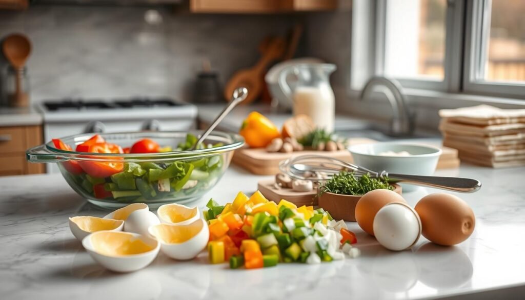 A neatly arranged kitchen counter, with various ingredients and kitchen tools meticulously prepared for a delectable brunch casserole. In the foreground, freshly cracked eggs, diced bell peppers, and onions are placed alongside a casserole dish, while a mixing bowl and whisk stand ready for the next step. The middle ground features a cutting board with sliced mushrooms and herbs, complemented by a carafe of milk and a stack of bread slices. The background showcases a warm, natural lighting filtering through a nearby window, casting a soft glow over the scene. The overall mood is one of organized efficiency, inviting the viewer to imagine the comforting aroma and satisfying flavors that will soon emerge from this well-orchestrated culinary endeavor.