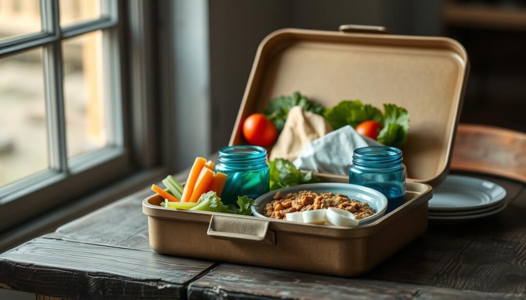 A neatly arranged lunchbox sits on a weathered wooden table, bathed in soft natural light from a nearby window. An array of balanced, nutritious foods is thoughtfully displayed - crisp vegetables, fresh fruit, and a protein-rich main dish. The color palette is muted and earthy, with blue glass jars and ceramic plates adding pops of color. The scene conveys a sense of simplicity, health, and mindfulness, capturing the essence of a well-balanced, allergen-free no-heat lunchbox option.