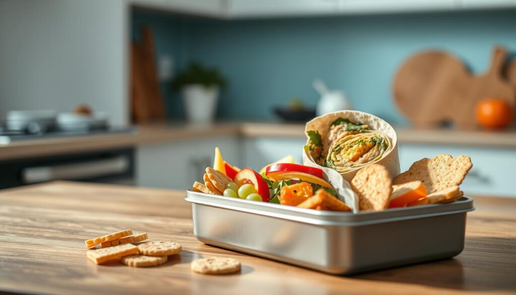 A neatly arranged lunchbox with a variety of colorful, appetizing no-heat meal items presented on a wooden surface. In the foreground, a selection of healthy, allergen-free snacks and sides, such as fresh fruit, veggie sticks, and whole grain crackers, are displayed in a visually appealing manner. In the middle ground, the main dish, perhaps a hearty salad or a plant-based wrap, is showcased with a focus on texture and complementary flavors. The background features a minimal, light blue-accented kitchen setting, creating a cozy, inviting atmosphere. The lighting is soft and natural, highlighting the vibrant colors and textures of the lunchbox contents. The overall composition conveys a sense of creativity, balance, and a commitment to nourishing, allergen-free meals.