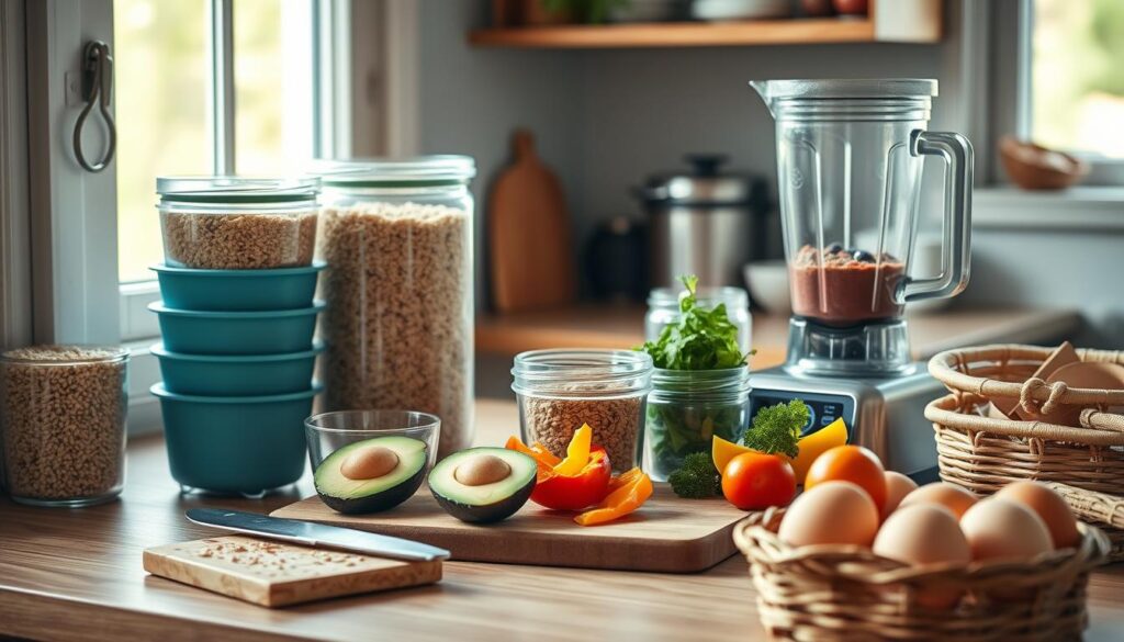 A neatly arranged mise en place of gluten-free meal prep essentials: an array of glass containers filled with quinoa, brown rice, and steel-cut oats; a stack of silicone muffin cups for portioning; a cutting board with sliced avocado, bell peppers, and fresh herbs; a blender with a berry smoothie mix; and a basket of farm-fresh eggs, all bathed in soft, natural light from a nearby window in a cozy, minimal kitchen with wooden textures and light blue accents.