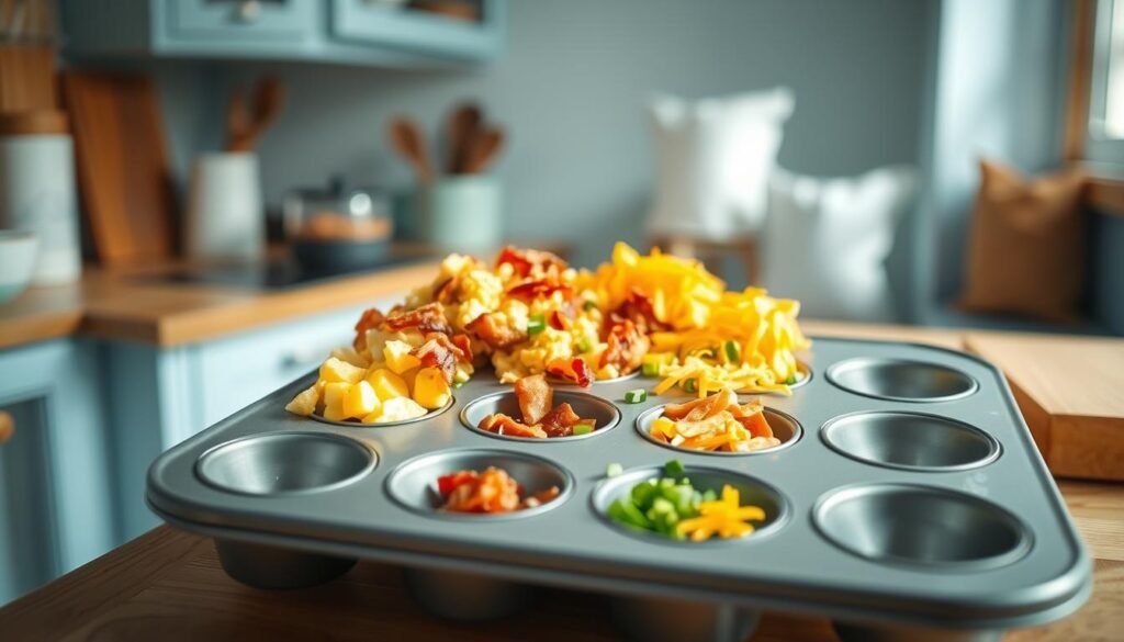 A neatly arranged muffin tin filled with breakfast ingredients, set against a backdrop of a cozy, minimal kitchen with wooden textures and light blue accents. The tin contains scrambled eggs, crispy bacon crumbles, shredded cheddar cheese, and freshly chopped chives, all meticulously prepped and ready to assemble into delectable breakfast taco cups. Soft, natural lighting filters through a nearby window, casting a warm glow over the scene. The overall atmosphere is one of organization, efficiency, and the promise of a delicious, hassle-free Mexican-inspired morning meal.