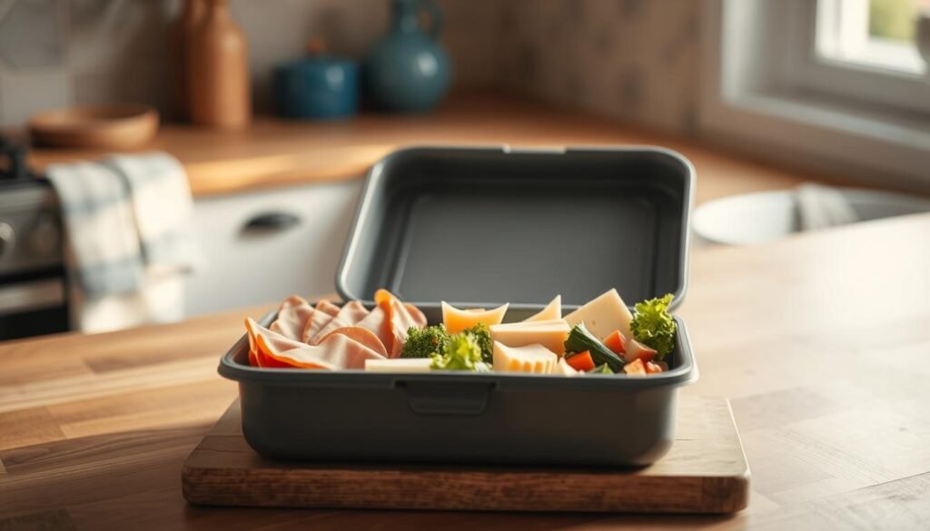 A neatly arranged no-heat lunchbox sits on a wooden kitchen counter, its contents carefully curated - slices of deli meat, a selection of cheeses, and fresh vegetables. Soft, natural light filters in through a nearby window, casting a warm glow over the scene. The overall atmosphere is one of simplicity and ease, inviting the viewer to imagine the pleasures of a fuss-free, satisfying midday meal. In the background, subtle blue accents, such as a vase or kitchen towel, add a calming touch to the minimalist, texture-rich setting.