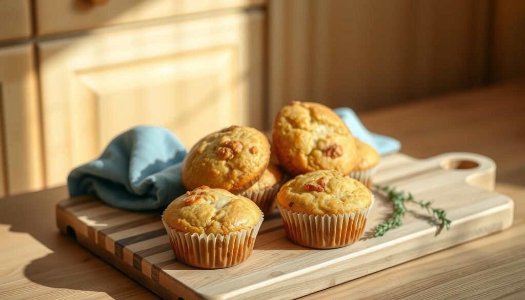 A neatly arranged plate showcases a selection of savory muffins, their golden-brown tops glistening under the soft, diffused light. The muffins are presented on a rustic wooden cutting board, complemented by subtle blue-toned kitchen towels and a few sprigs of fresh herbs, creating a harmonious, homespun atmosphere. The scene is set against a backdrop of warm, natural-toned cabinetry, with hints of texture and shadows adding depth and dimension to the composition. The overall mood is one of simple, comforting elegance, inviting the viewer to imagine the satisfying, protein-rich breakfast these quick and easy muffins would provide.