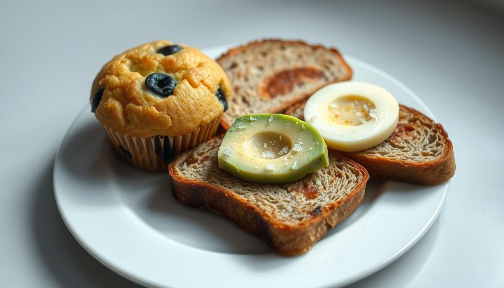 A neatly arranged plate showcasing a freshly baked muffin, a slice of hearty quick bread, and two crisply toasted slices of whole-grain bread, all bathed in soft, natural lighting. The muffin, with its golden crumb and glistening blueberries, takes center stage, while the quick bread slice, with its delicate swirls of cinnamon, sits beside it. The toast, lightly charred and generously topped with creamy avocado and a sprinkle of sea salt, adds texture and balance to the scene. The overall atmosphere is one of simplicity, warmth, and nourishment, inviting the viewer to savor the flavors and aromas of this wholesome breakfast spread.