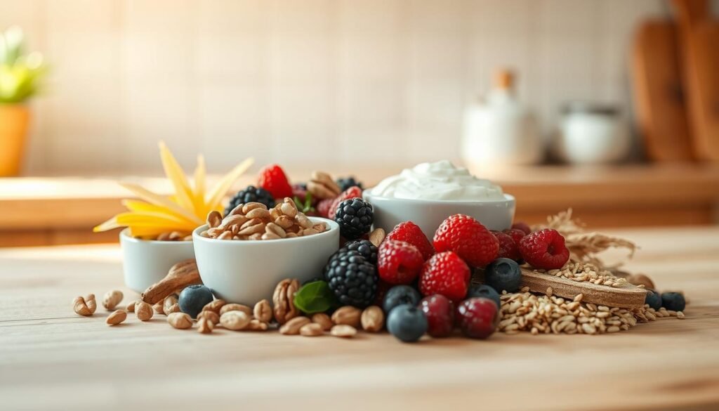 A neatly arranged selection of wholesome protein and fiber-rich ingredients rests on a wooden kitchen counter, bathed in warm, natural light. Nestled amidst earthy tones and clean lines, a selection of yogurt, nuts, berries, and whole grains create a visually balanced, appetizing tableau. The scene conveys a sense of health, wellness, and the synergistic power of pairing nutrient-dense foods for a balanced, high-fiber breakfast. A crisp, minimalist style amplifies the fresh, vibrant colors of the ingredients, inviting the viewer to savor the delicious and nourishing possibilities of these smart protein and fiber pairings.
