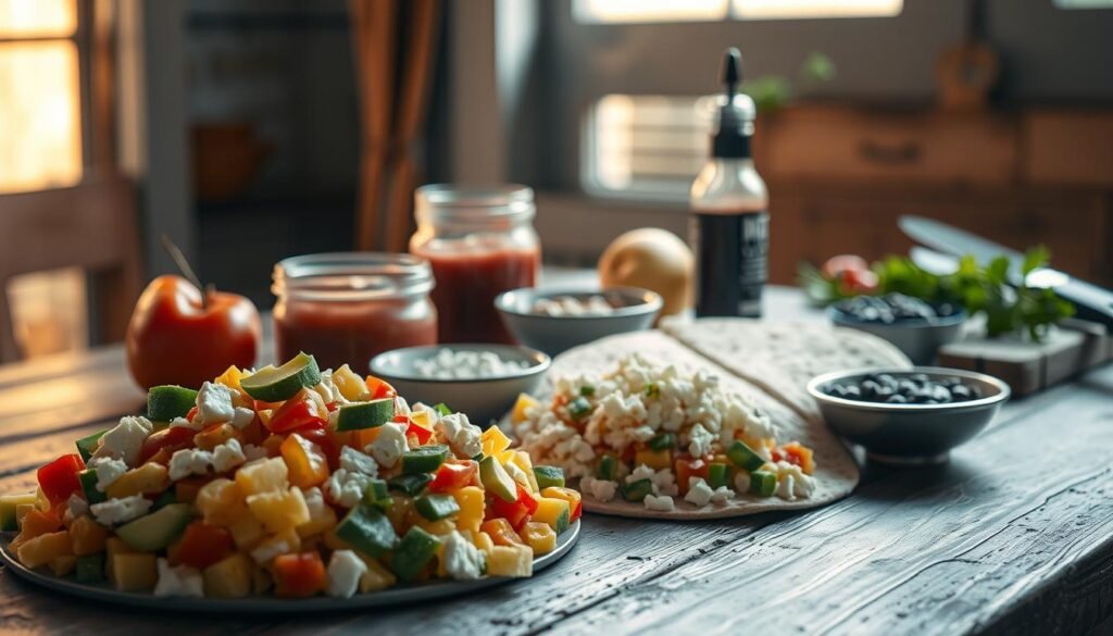 A neatly arranged set of breakfast burrito ingredients on a rustic wooden table, illuminated by warm natural light filtering through a window. In the foreground, a pile of scrambled eggs, diced bell peppers, sliced avocado, and crumbled queso fresco. In the middle ground, a stack of whole wheat tortillas, a jar of salsa, and a small bowl of black beans. In the background, a sprig of fresh cilantro, a squeeze bottle of hot sauce, and a cutting board with a chef's knife. The overall scene conveys a sense of simplicity, freshness, and culinary potential.