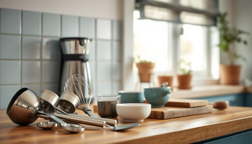 A neatly arranged set of breakfast prep tools on a wooden kitchen counter in a cozy, minimal environment with light blue accents. In the foreground, a set of metal measuring spoons and cups, a whisk, and a spatula. In the middle ground, a small glass bowl, a ceramic ramekin, and a wooden cutting board. In the background, a sleek coffee maker and a few potted herbs on a window sill, bathed in soft, natural lighting from an adjacent window.