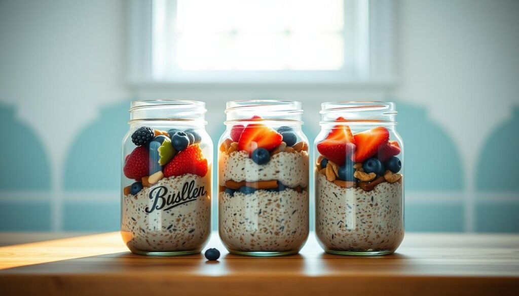 A neatly arranged set of glass jars filled with overnight oats, layered with vibrant fruits, nuts, and berries, sits on a wooden kitchen counter. The jars are illuminated by soft, natural light filtering through a nearby window, casting a warm glow and creating a sense of calmness and simplicity. The background features a simple, minimalist design with light blue accents, complementing the organic textures and colors of the meal prep jars. The overall scene conveys a sense of organization, health, and convenience for the 
