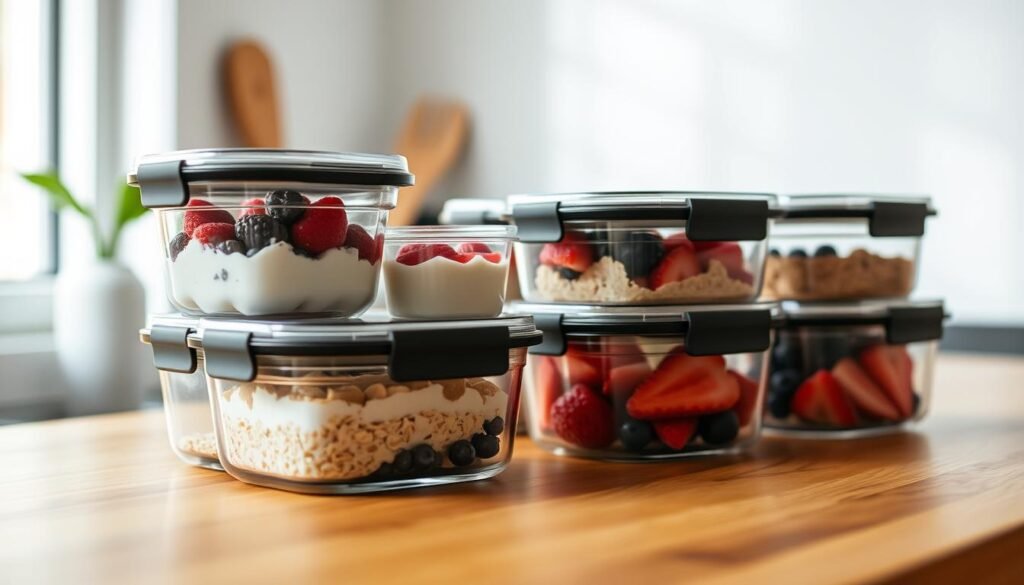 A neatly arranged set of glass meal prep containers with airtight lids, resting on a wooden kitchen counter. The containers are filled with various ingredients for a healthy breakfast, such as overnight oats, yogurt, and fresh berries. Soft natural lighting from a nearby window highlights the clean lines and muted colors of the containers, creating a calming and organized atmosphere. The scene conveys a sense of preparedness and efficiency, perfectly suited for the 