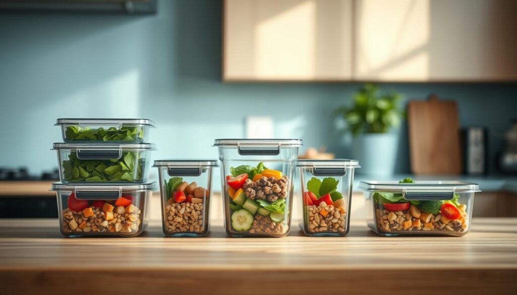 A neatly arranged set of meal prep containers on a wooden kitchen counter, with a light blue accent wall in the background. The containers are made of clear glass or high-quality plastic, showcasing the healthy and colorful contents inside. Soft, natural lighting illuminates the scene, creating a warm and inviting atmosphere. The containers are meticulously organized, hinting at a well-planned and efficient meal prepping routine. The overall composition conveys a sense of simplicity, organization, and a focus on nutrition and wellness.