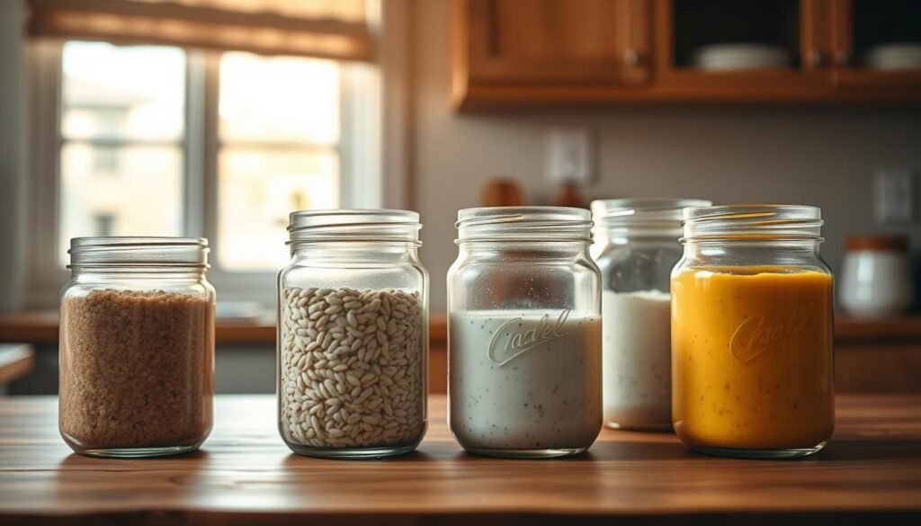 A neatly arranged set of rectangular glass meal prep jars with airtight lids, placed on a wooden kitchen counter. The jars are filled with various overnight oats mixtures, each in a different color - brown, white, and yellow. The jars are illuminated by warm, natural lighting from a nearby window, casting soft shadows and highlighting the textures of the wood and glass. The overall scene conveys a sense of organization, health, and efficiency - perfect for meal prepping during busy mornings.