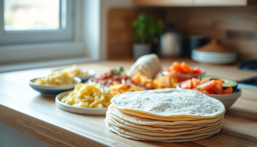 A neatly arranged spread of breakfast burrito ingredients on a wooden kitchen countertop. Tidy piles of scrambled eggs, crumbled bacon, shredded cheddar cheese, sliced avocado, and diced tomatoes, with a stack of warm, soft tortillas in the foreground. Bright natural light filters in through a nearby window, casting a gentle glow over the scene. The overall atmosphere is one of simplicity, freshness, and culinary potential, inviting the viewer to imagine the delicious breakfast wraps that can be assembled from these wholesome components.