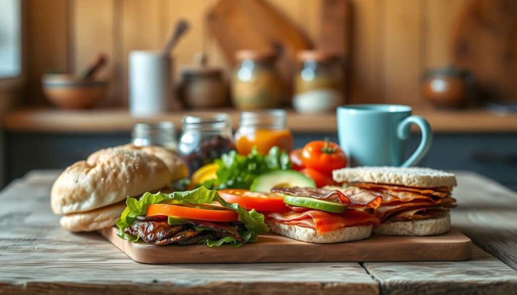A neatly arranged spread of breakfast sandwich ingredients on a rustic wooden table in a cozy, minimal kitchen. In the foreground, fluffy whole grain buns, slices of savory plant-based meat, and a stack of crispy plant-based bacon. In the middle, an assortment of fresh produce - juicy tomatoes, crunchy lettuce leaves, and vibrant avocado slices. In the background, jars of condiments and a light blue ceramic mug emit a warm, inviting glow under soft, natural lighting. The scene exudes a sense of simplicity and wholesomeness, perfect for an egg-free breakfast sandwich.