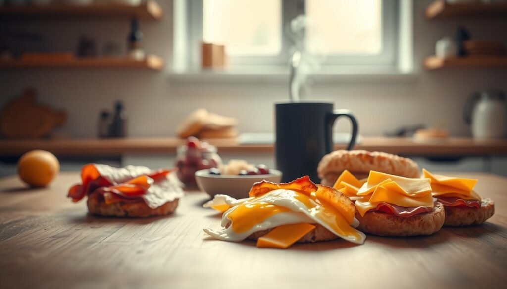 A neatly arranged spread of breakfast sandwich ingredients on a wooden table, bathed in soft natural light filtering through a window. In the foreground, crisp bacon, fluffy eggs, and melty cheddar cheese sit next to freshly toasted English muffins. In the middle ground, a coffee mug steams invitingly, complemented by a small bowl of fresh berries. The background features minimalist kitchen shelves with a few scattered herbs and spices, hinting at the possibility of customization. The overall scene conveys a sense of simplicity, comfort, and the promise of a delicious, satisfying start to the day.