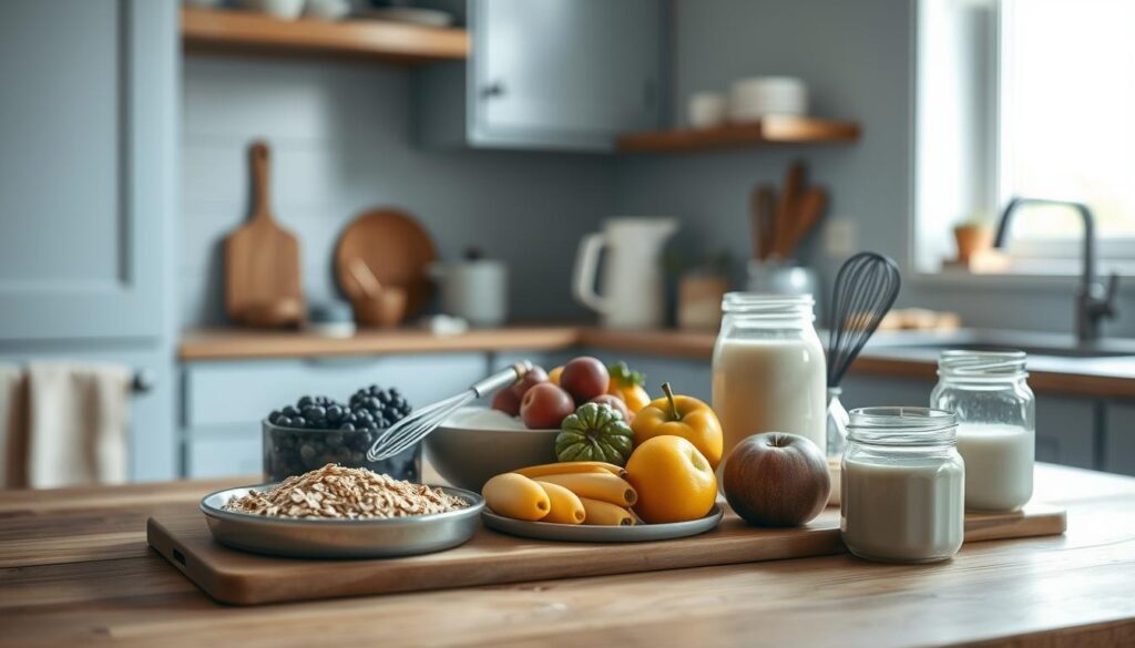 A neatly arranged spread of budget-friendly breakfast ingredients on a wooden kitchen counter, illuminated by soft, natural light filtering through a nearby window. Whole-grain oats, seasonal fruits, plant-based milk, and a few simple cooking tools like a whisk and mason jars create a rustic, minimalist scene. The kitchen's light blue cabinetry and neutral tones provide a clean, calming backdrop, highlighting the vibrant colors of the fresh produce. The overall atmosphere conveys a sense of simplicity, efficiency, and mindful meal preparation.