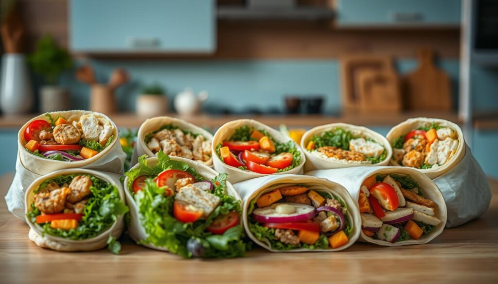 A neatly arranged spread of colorful, mouth-watering wraps and sandwiches. Freshly baked breads, vibrant vegetables, and flavorful protein fillings like grilled chicken, hummus, and cheese. The scene is set in a cozy, minimalist kitchen with warm wooden textures and light blue accents, creating a calming, inviting atmosphere. The lighting is soft and natural, illuminating the delicious details of the handheld meals. The focus is on the appetizing presentation, highlighting the ingredients and textures to entice the viewer. No distractions, just the delectable portable lunches ready to be enjoyed on the go.
