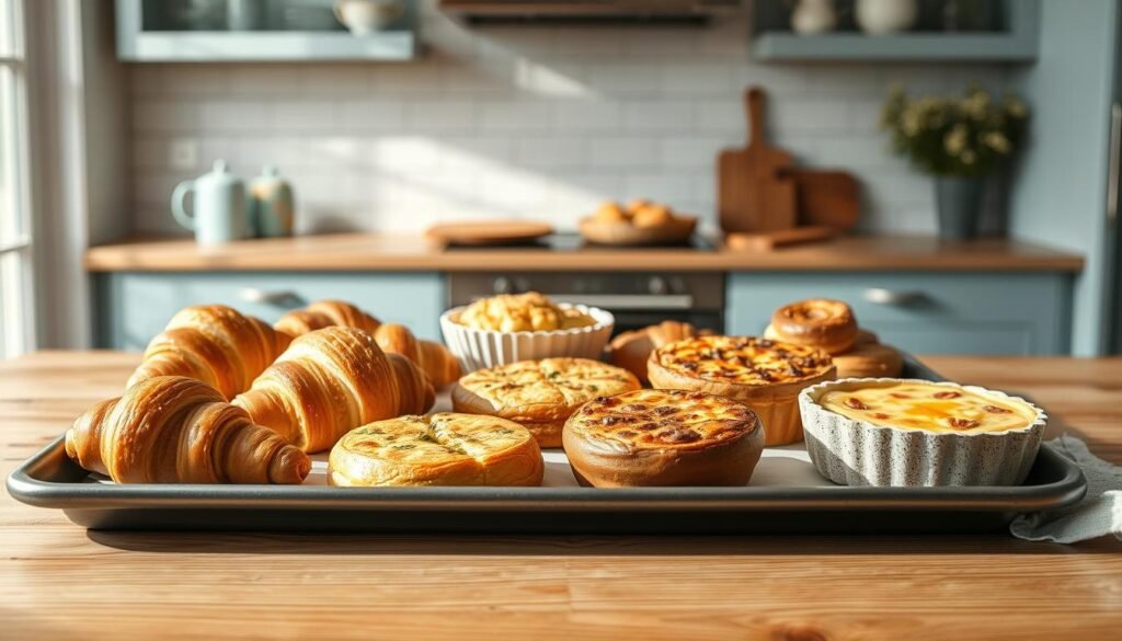 A neatly arranged spread of delectable oven-baked breakfast treats on a large sheet pan, set against a backdrop of a cozy, minimalist kitchen with wooden textures and light blue accents. The scene is bathed in warm, natural lighting, highlighting the golden crusts and tantalizing aromas of freshly baked items, such as flaky croissants, savory breakfast pastries, and hearty quiche. The composition emphasizes the simplicity and versatility of these innovative oven-baked breakfast ideas, inviting the viewer to imagine the satisfying flavors and textures. The overall mood is one of rustic, homemade comfort and effortless culinary delight.