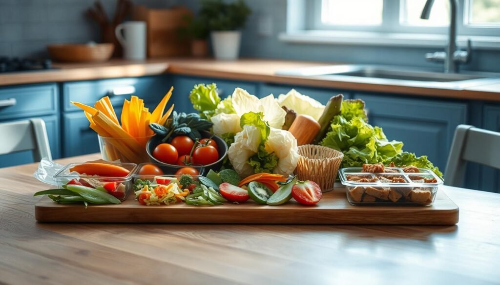 A neatly arranged spread of diverse no-heat lunch options rests on a wooden kitchen table. Fresh vegetables, vibrant fruits, and enticing Asian-inspired ingredients like rice paper wraps, crisp lettuce cups, and marinated tofu create a visually appealing and flavorful spread. Soft natural lighting filters through the window, casting a warm glow and highlighting the textures and colors. The minimalist blue and wood tones of the kitchen provide a soothing backdrop, allowing the various lunchbox components to take center stage. An atmosphere of simplicity, health, and culinary adventure emanates from the scene.