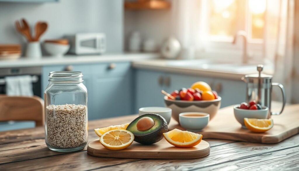 A neatly arranged spread of essential breakfast prep items on a rustic wooden table, bathed in warm, diffused natural light filtering through sheer curtains. In the foreground, a gleaming glass jar filled with steel-cut oats, a ripe avocado, and a cutting board with sliced citrus fruits. In the middle ground, a ceramic bowl overflowing with fresh berries, a small pot of honey, and a sleek, stainless-steel French press. In the background, a minimalist, light blue-accented kitchen, with clean lines and a sense of calm tranquility. The overall mood is one of simplicity, nourishment, and a fresh start to the day.
