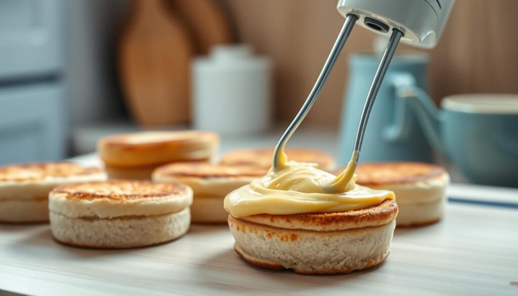 A neatly arranged spread of freshly toasted English muffins, their golden-brown crusts glistening, set against a backdrop of a minimal, cozy kitchen with wooden textures and light blue accents. In the foreground, a hand-held electric mixer skillfully blends a mixture of perfectly beaten eggs, creating a creamy, protein-rich consistency, ready to be layered between the muffins for a satisfying and energizing breakfast. The scene is illuminated by soft, natural lighting, capturing the essence of mastering the art of freezer-friendly, protein-rich breakfast sandwiches.