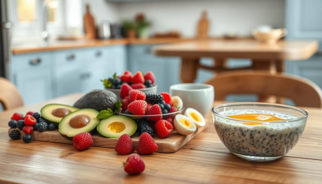 A neatly arranged spread of low-sugar breakfast ingredients on a wooden table, bathed in soft, natural light. Fresh berries, sliced avocado, hard-boiled eggs, and a bowl of overnight oats with chia seeds and a drizzle of honey. In the background, a minimalist kitchen with light blue cabinets and wooden accents, creating a serene, inviting atmosphere. The composition is balanced and visually appealing, showcasing the simplicity and healthfulness of these low-sugar breakfast options.